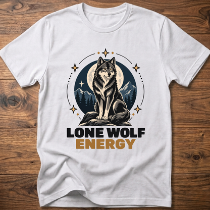 White t-shirt with standing wolf graphic and 'Lone Wolf Energy' print