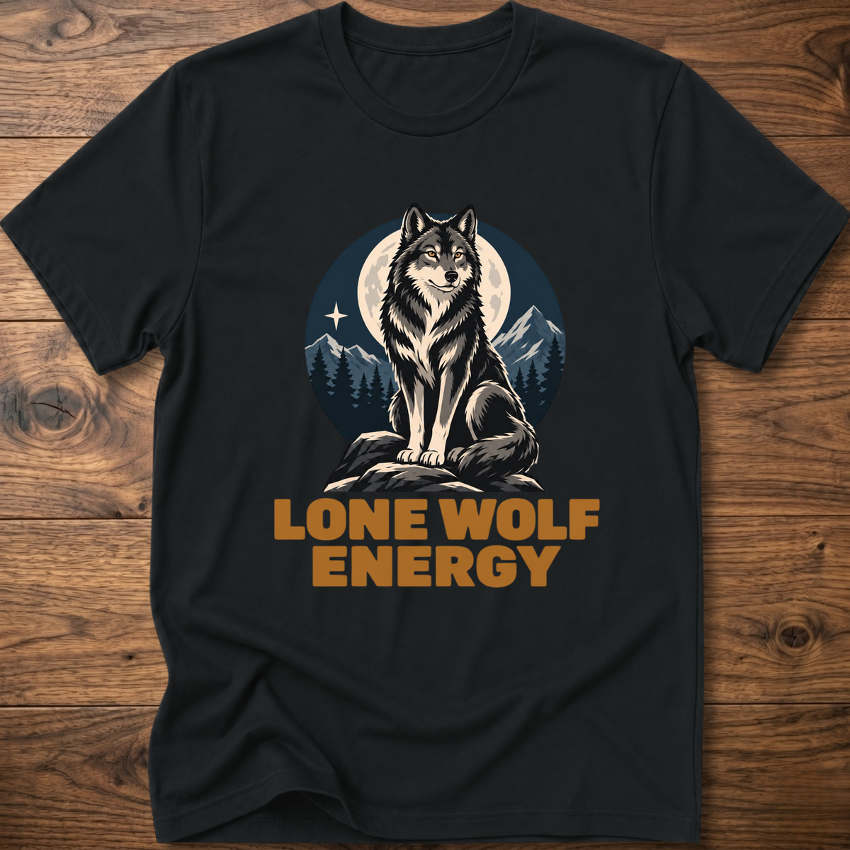 Black t-shirt with standing wolf graphic and 'Lone Wolf Energy' print