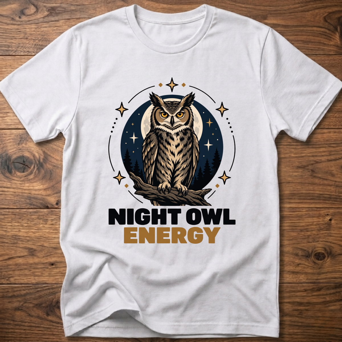 White T-shirt with owl graphic and “Night Owl Energy” lettering