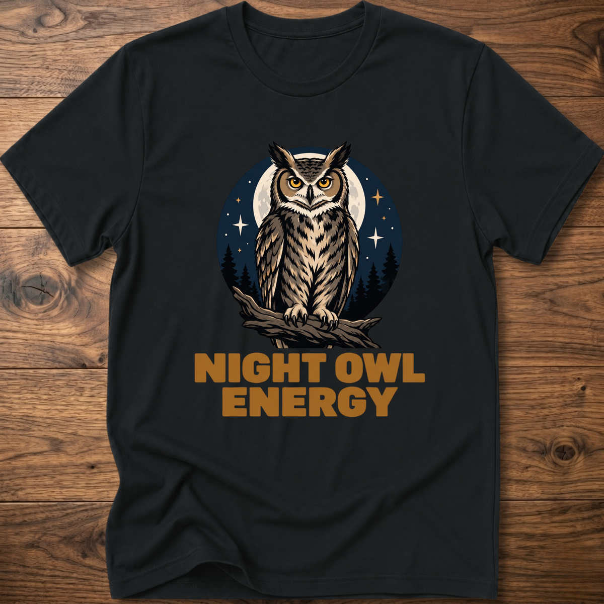 Black T-shirt with owl graphic and “Night Owl Energy” lettering