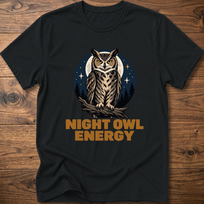 Black T-shirt with owl graphic and “Night Owl Energy” lettering
