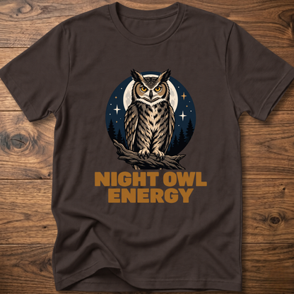 Dark brown T-shirt with owl graphic and “Night Owl Energy” lettering