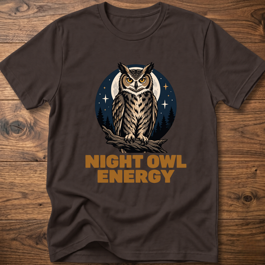 Dark brown T-shirt with owl graphic and “Night Owl Energy” lettering
