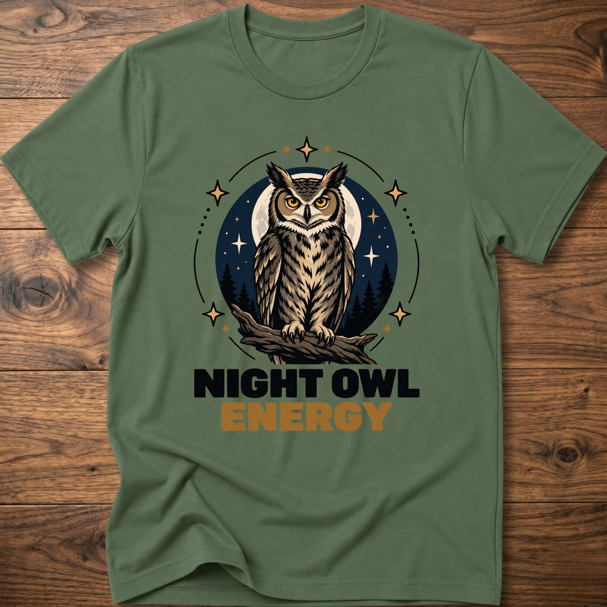Military green T-shirt with owl graphic and “Night Owl Energy” lettering