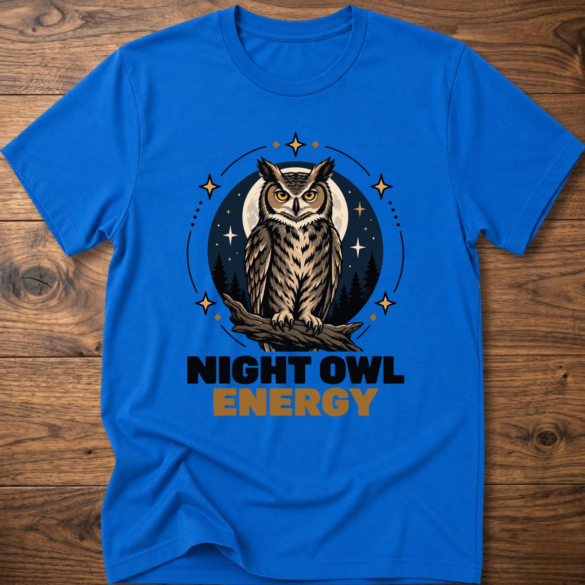 Royal blue T-shirt with owl graphic and “Night Owl Energy” lettering