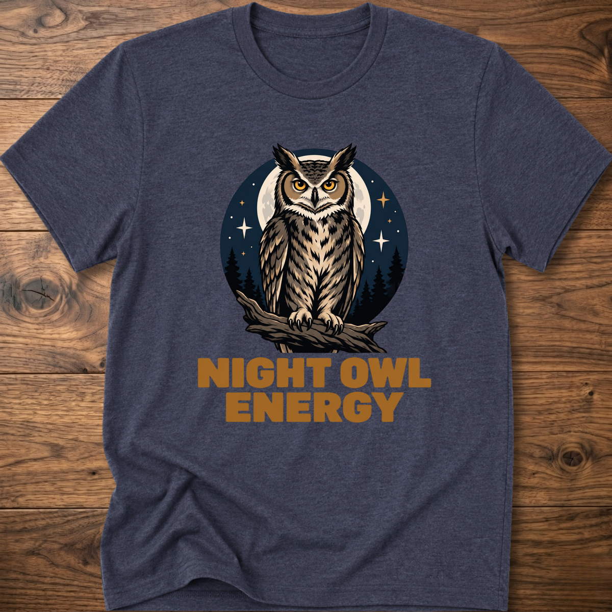 Heather navy T-shirt with owl graphic and “Night Owl Energy” lettering