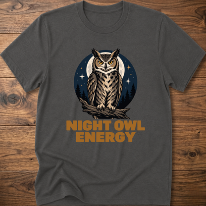 Charcoal gray T-shirt with owl graphic and “Night Owl Energy” lettering