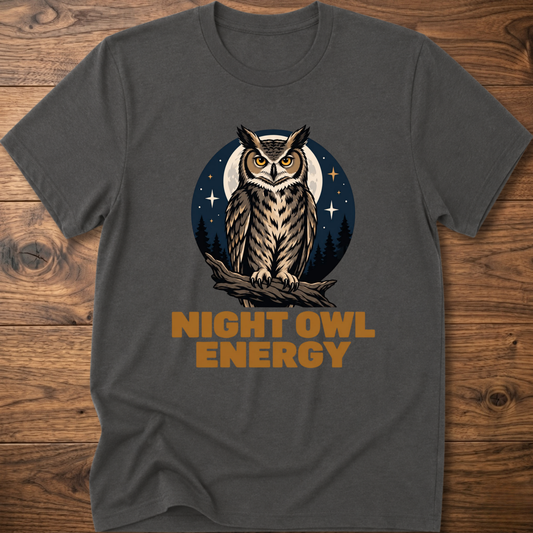 Charcoal gray T-shirt with owl graphic and “Night Owl Energy” lettering
