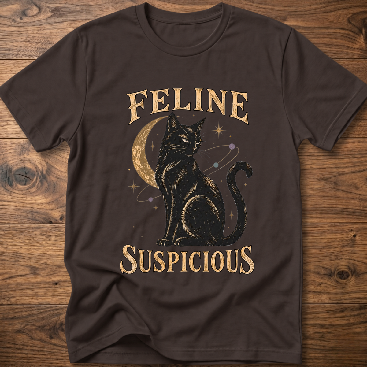 Dark chocolate cat graphic T-shirt with black cat and FELINE SUSPICIOUS lettering