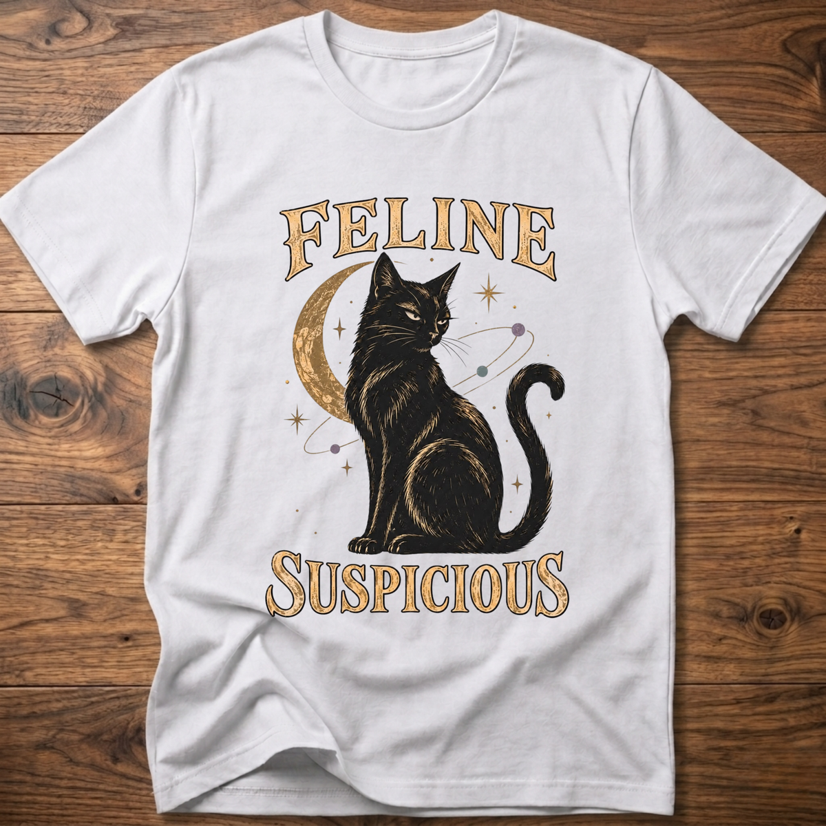 White cat graphic T-shirt with black cat and FELINE SUSPICIOUS lettering