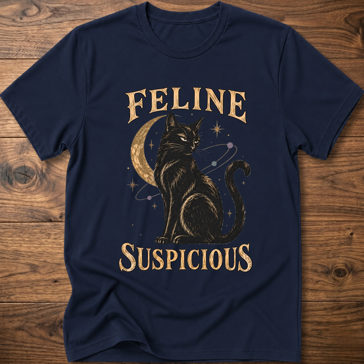 Navy cat graphic T-shirt with black cat and FELINE SUSPICIOUS lettering