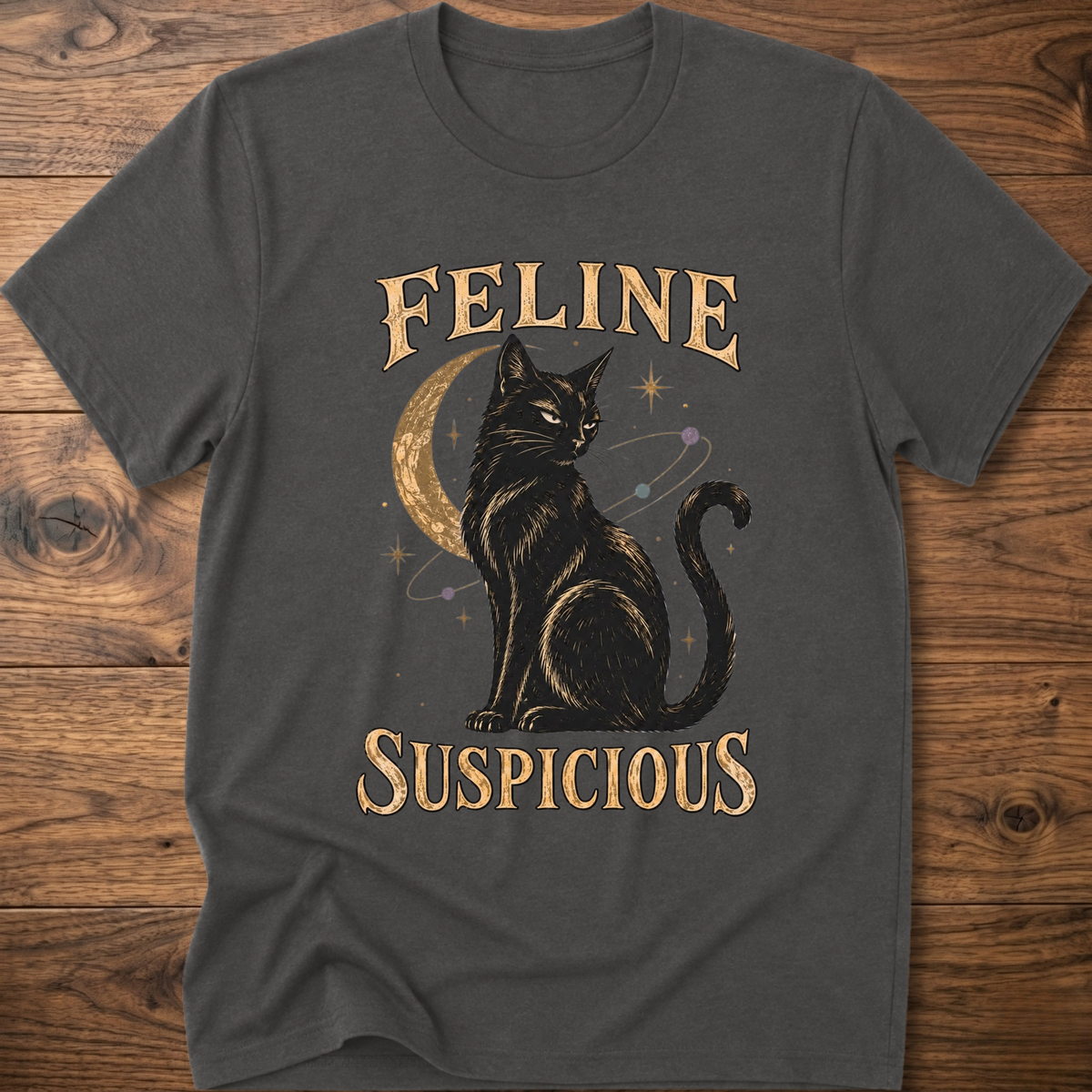 Charcoal cat graphic T-shirt with black cat and FELINE SUSPICIOUS lettering