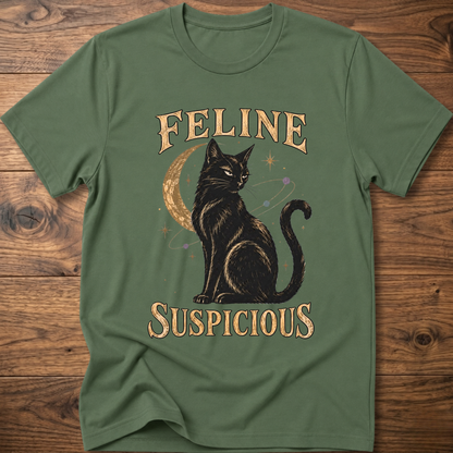 Military green cat graphic T-shirt with black cat and FELINE SUSPICIOUS lettering