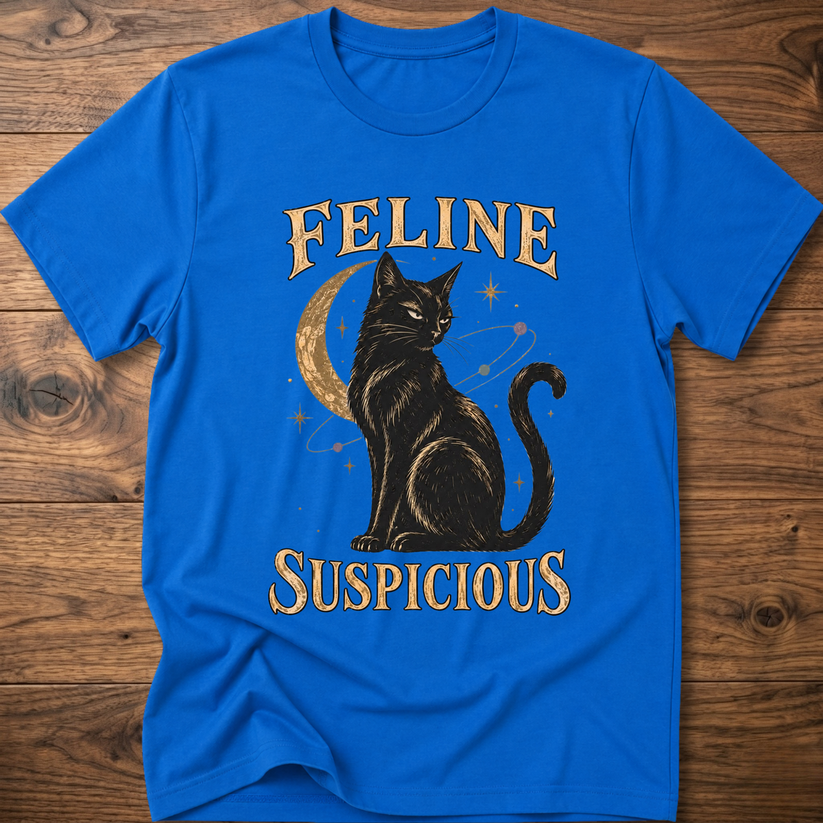 Royal blue cat graphic T-shirt with black cat and FELINE SUSPICIOUS lettering
