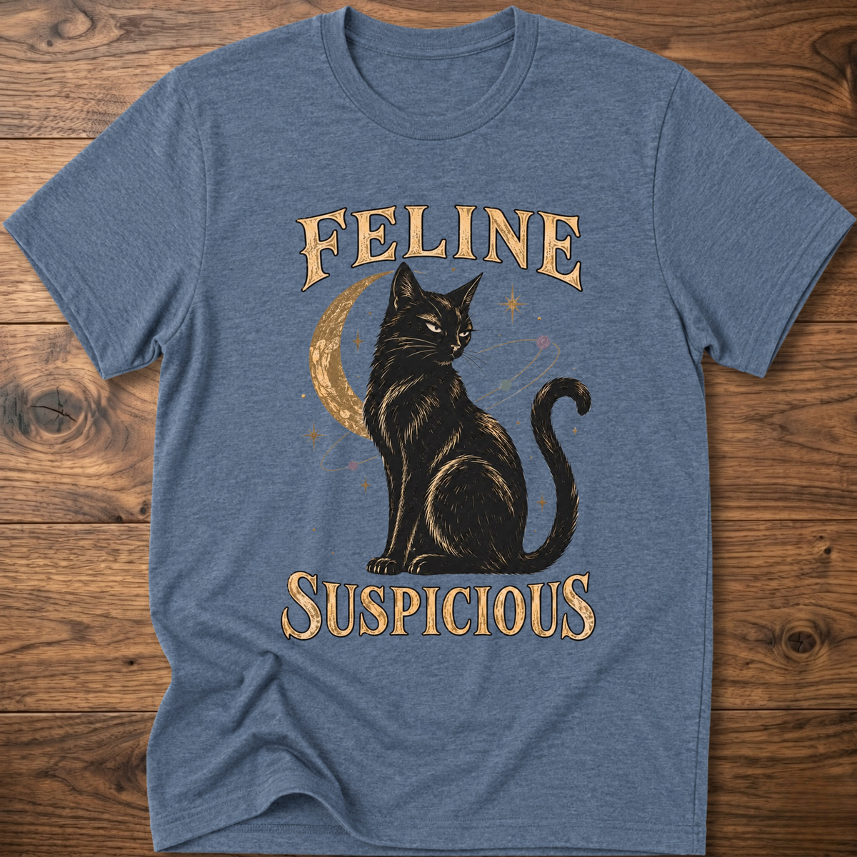 Heather blue cat graphic T-shirt with black cat and FELINE SUSPICIOUS lettering