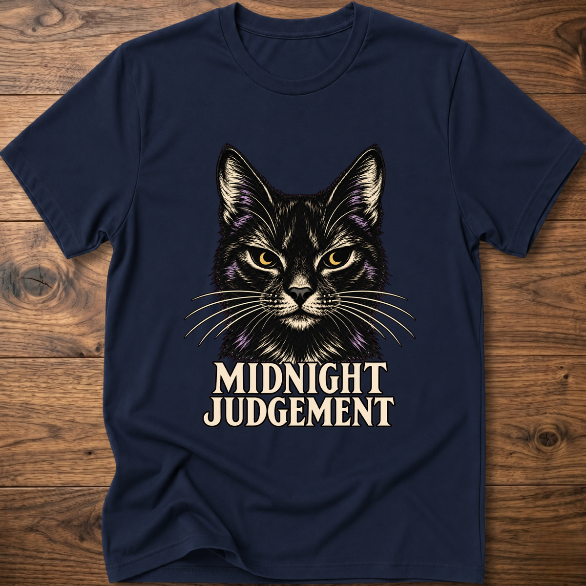 Navy T-shirt with front black cat graphic