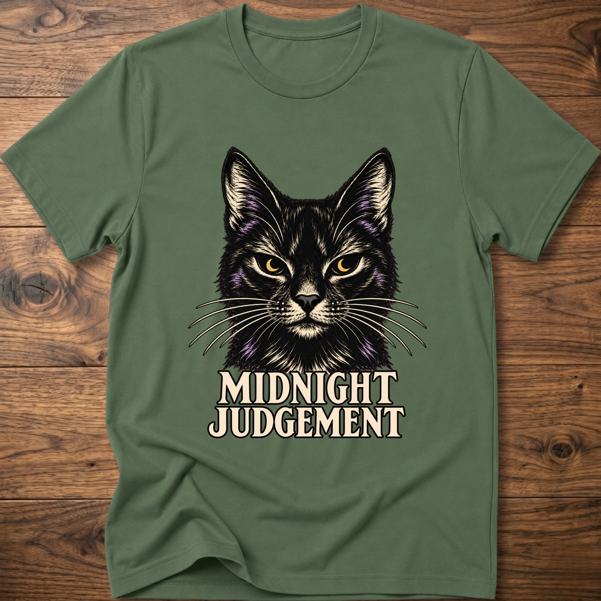 Military green T-shirt with front black cat graphic