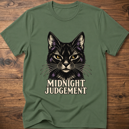 Military green T-shirt with front black cat graphic