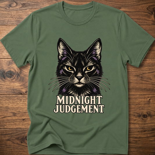 Military green T-shirt with front black cat graphic