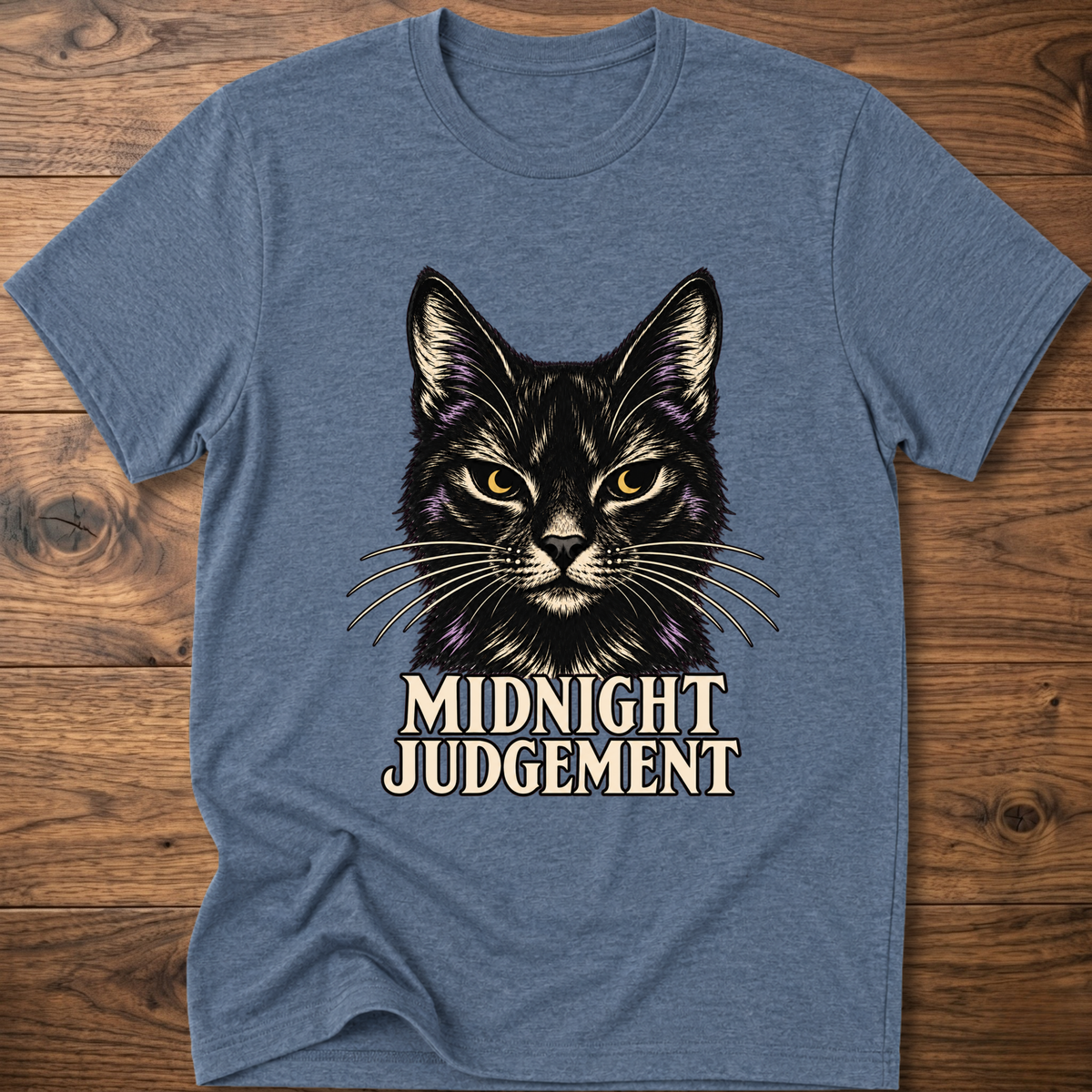 Heather navy T-shirt with front black cat graphic