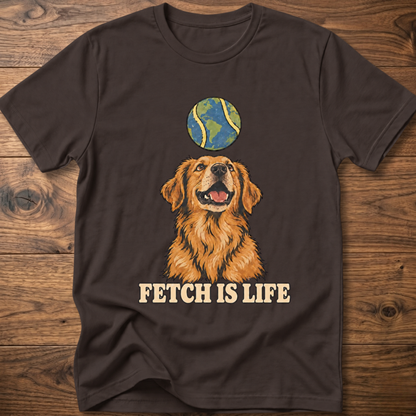 Dark brown crew-neck T-shirt with golden retriever graphic and 'FETCH IS LIFE' text