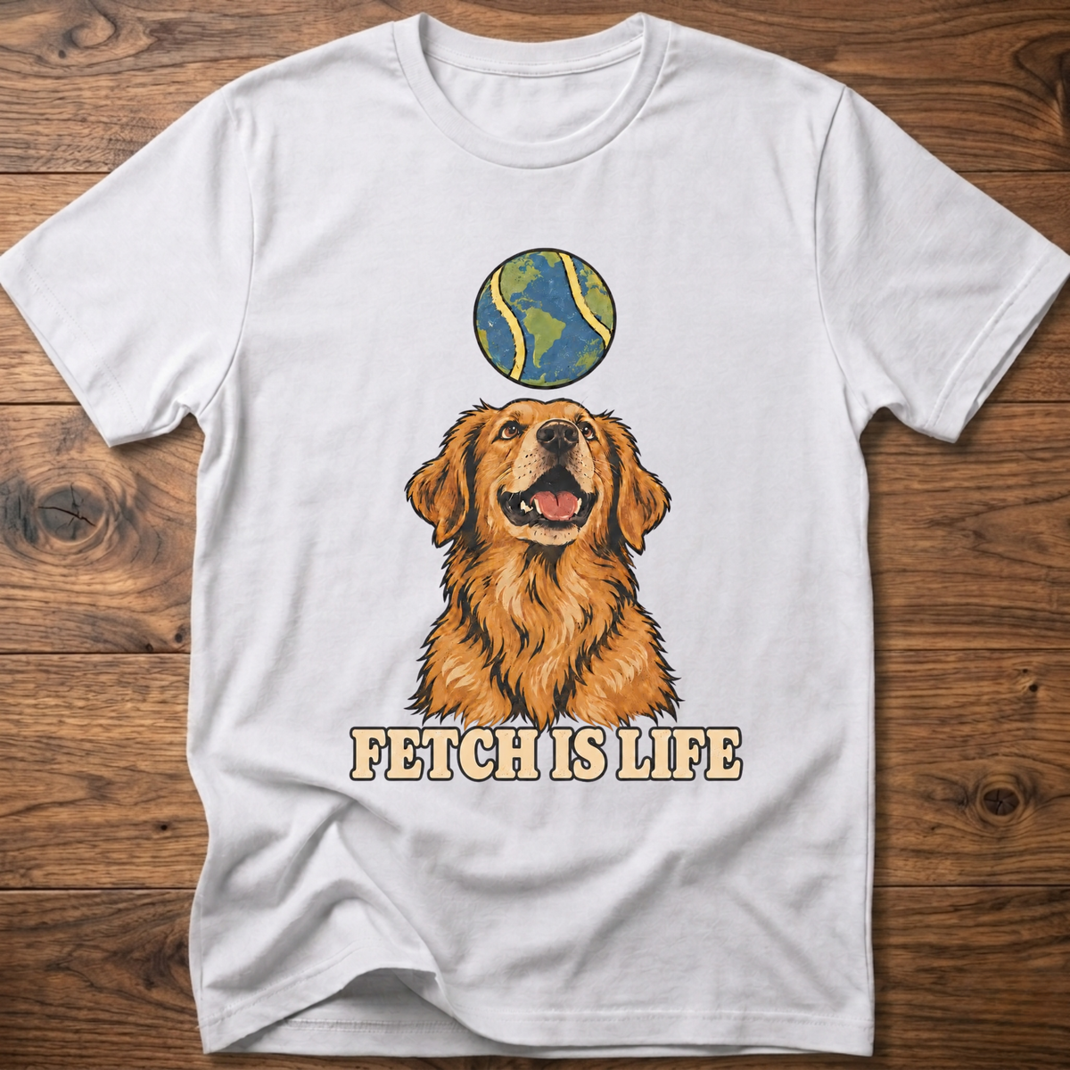 White crew-neck T-shirt with golden retriever graphic and 'FETCH IS LIFE' text
