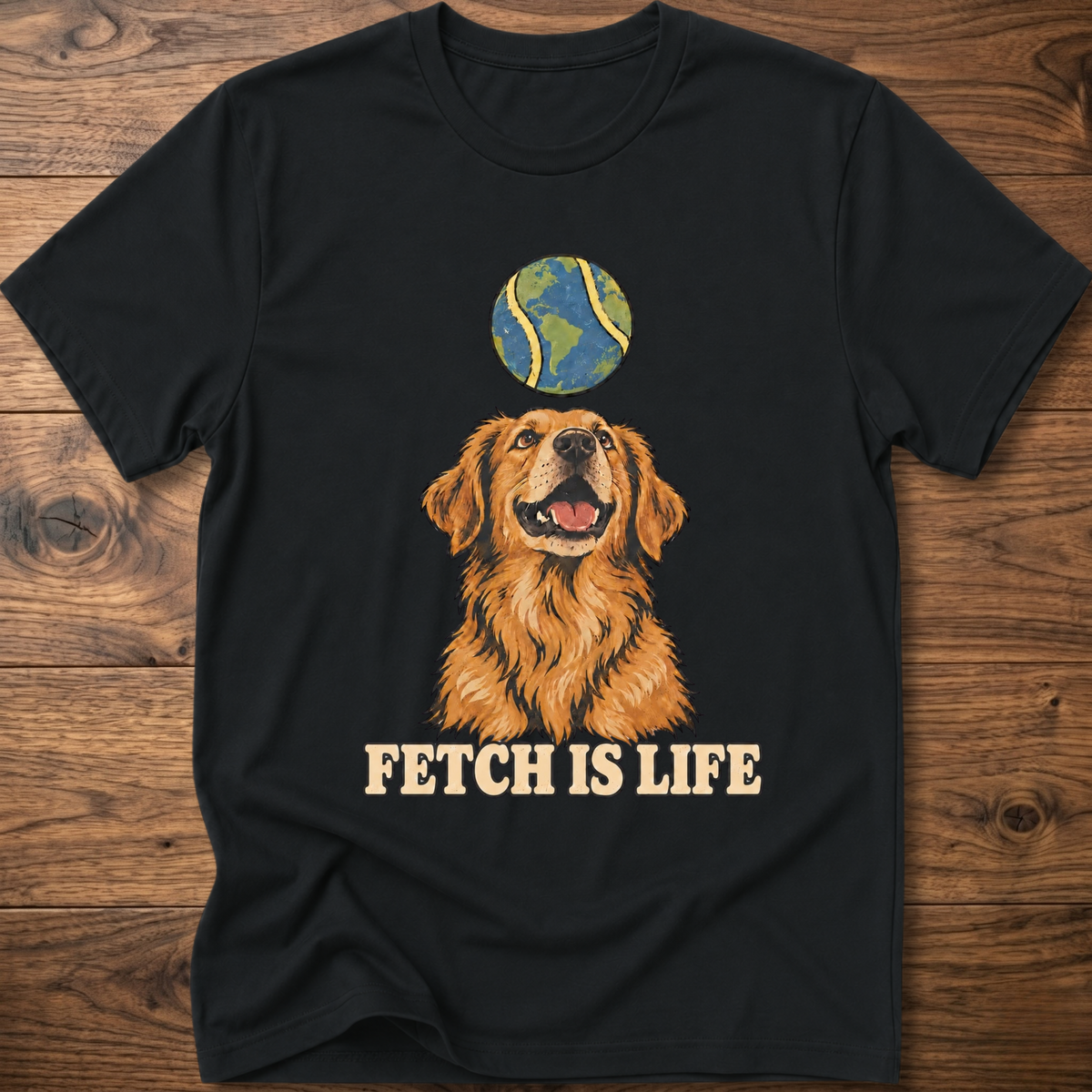 Black crew-neck T-shirt with golden retriever graphic and 'FETCH IS LIFE' text
