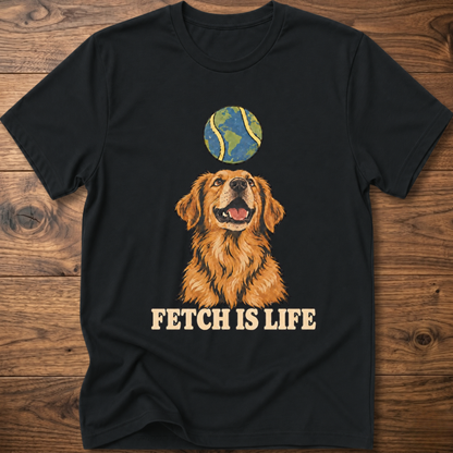 Black crew-neck T-shirt with golden retriever graphic and 'FETCH IS LIFE' text