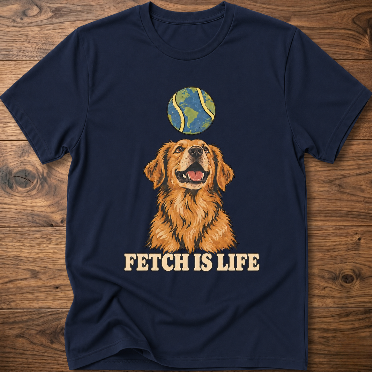 Navy crew-neck T-shirt with golden retriever graphic and 'FETCH IS LIFE' text