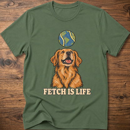 Military green crew-neck T-shirt with golden retriever graphic and 'FETCH IS LIFE' text