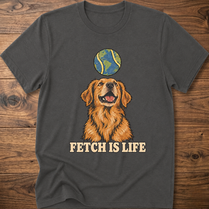 Charcoal crew-neck T-shirt with golden retriever graphic and 'FETCH IS LIFE' text