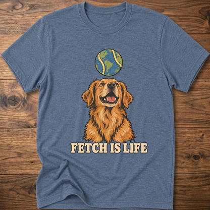 Heather blue crew-neck T-shirt with golden retriever graphic and 'FETCH IS LIFE' text