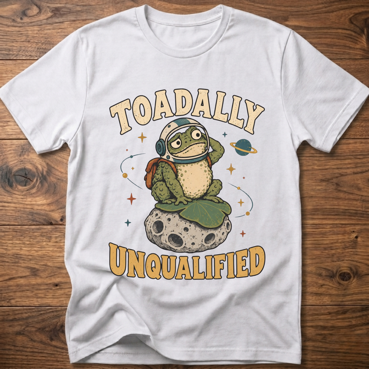 White crewneck t-shirt with frog graphic and “Unqualified” text