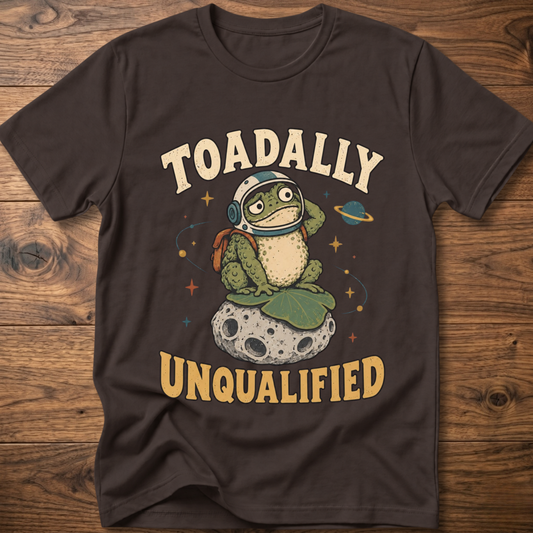 Dark brown crewneck t-shirt with frog graphic and “Unqualified” text