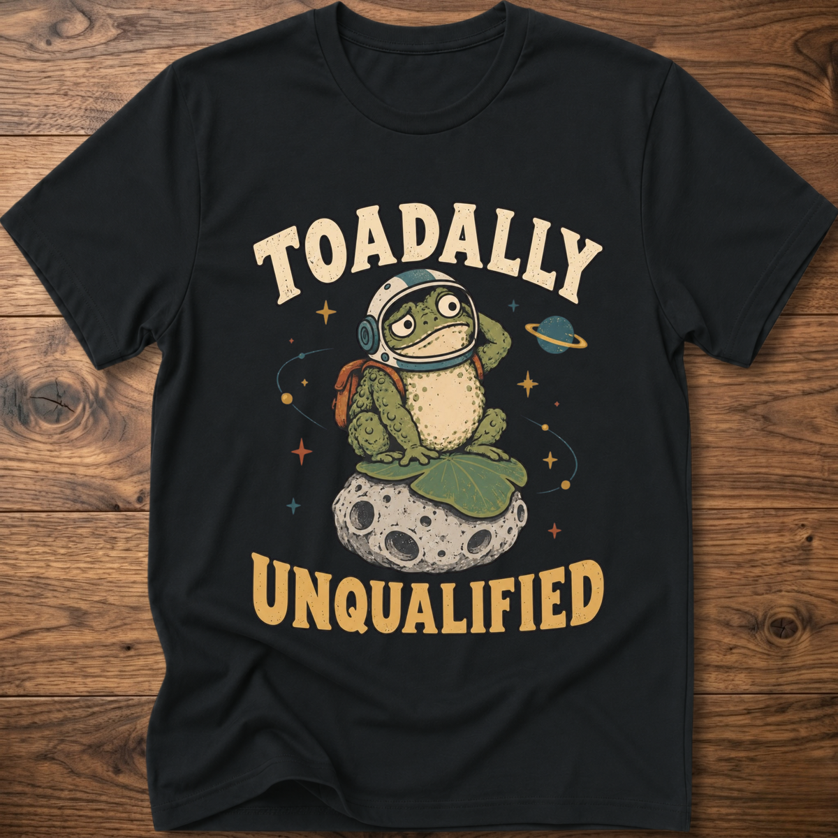 Black crewneck t-shirt with frog graphic and “Unqualified” text