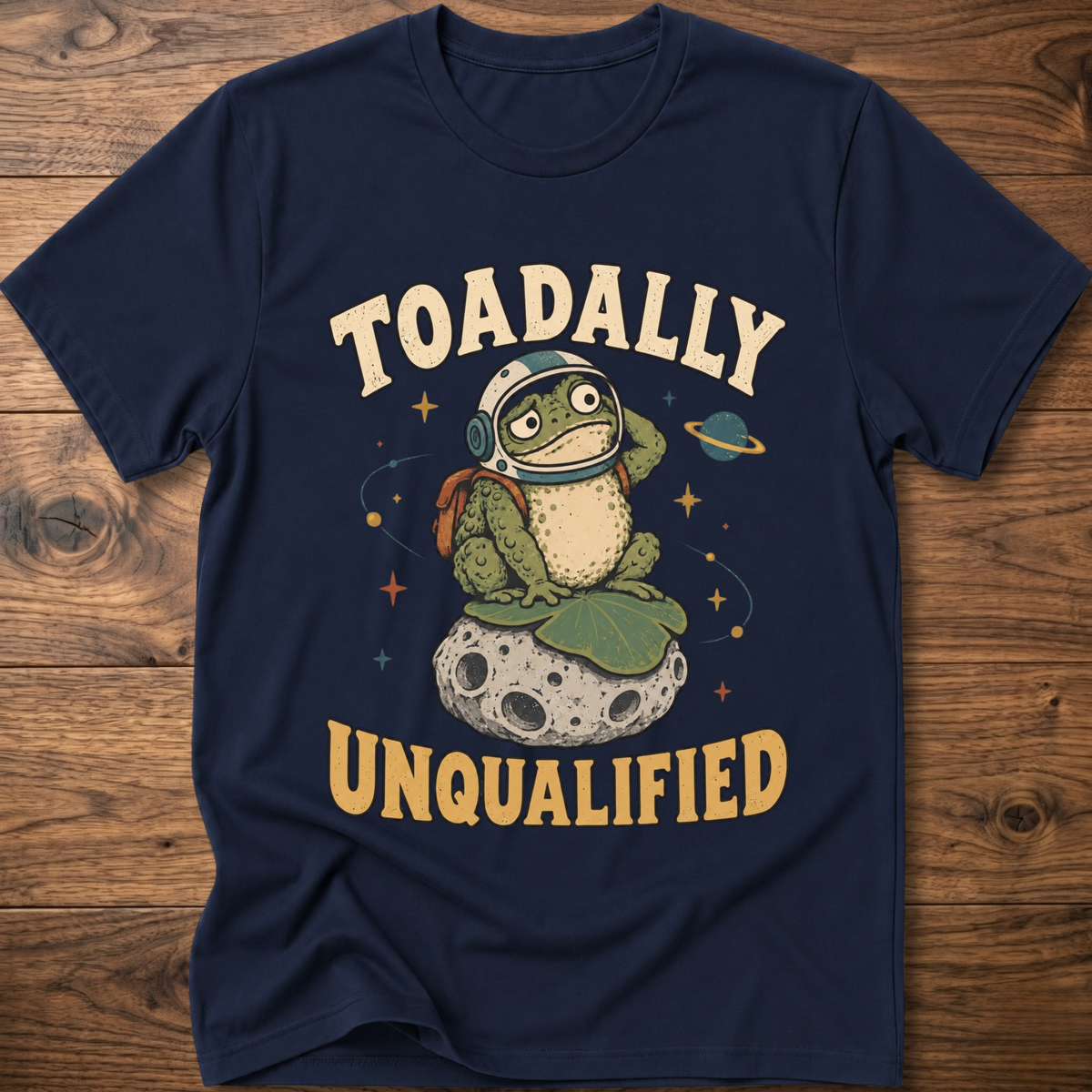 Heather indigo crewneck t-shirt with frog graphic and “Unqualified” text