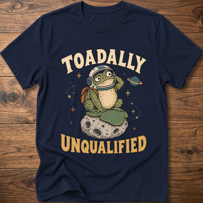 Heather indigo crewneck t-shirt with frog graphic and “Unqualified” text