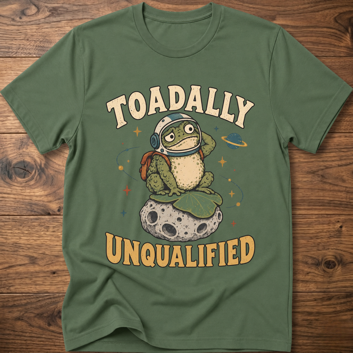 Military green crewneck t-shirt with frog graphic and “Unqualified” text