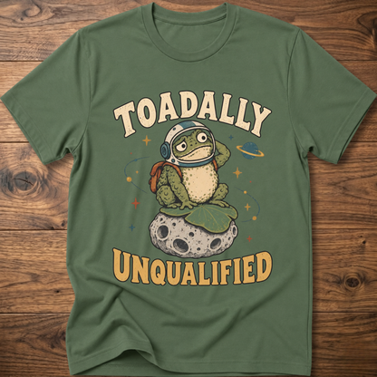 Military green crewneck t-shirt with frog graphic and “Unqualified” text