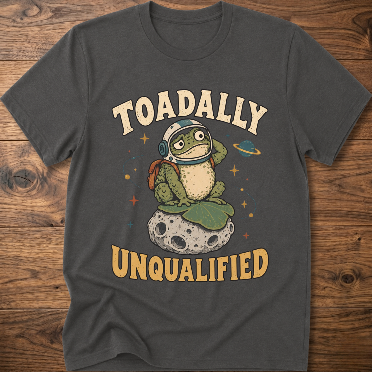 Charcoal crewneck t-shirt with frog graphic and “Unqualified” text