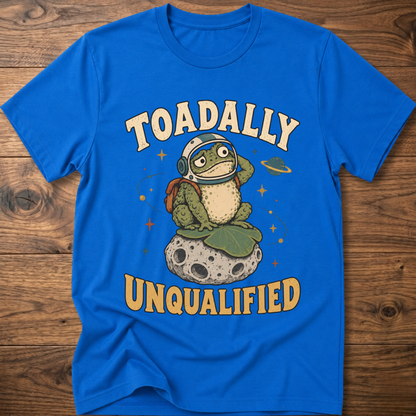 Royal blue crewneck t-shirt with frog graphic and “Unqualified” text