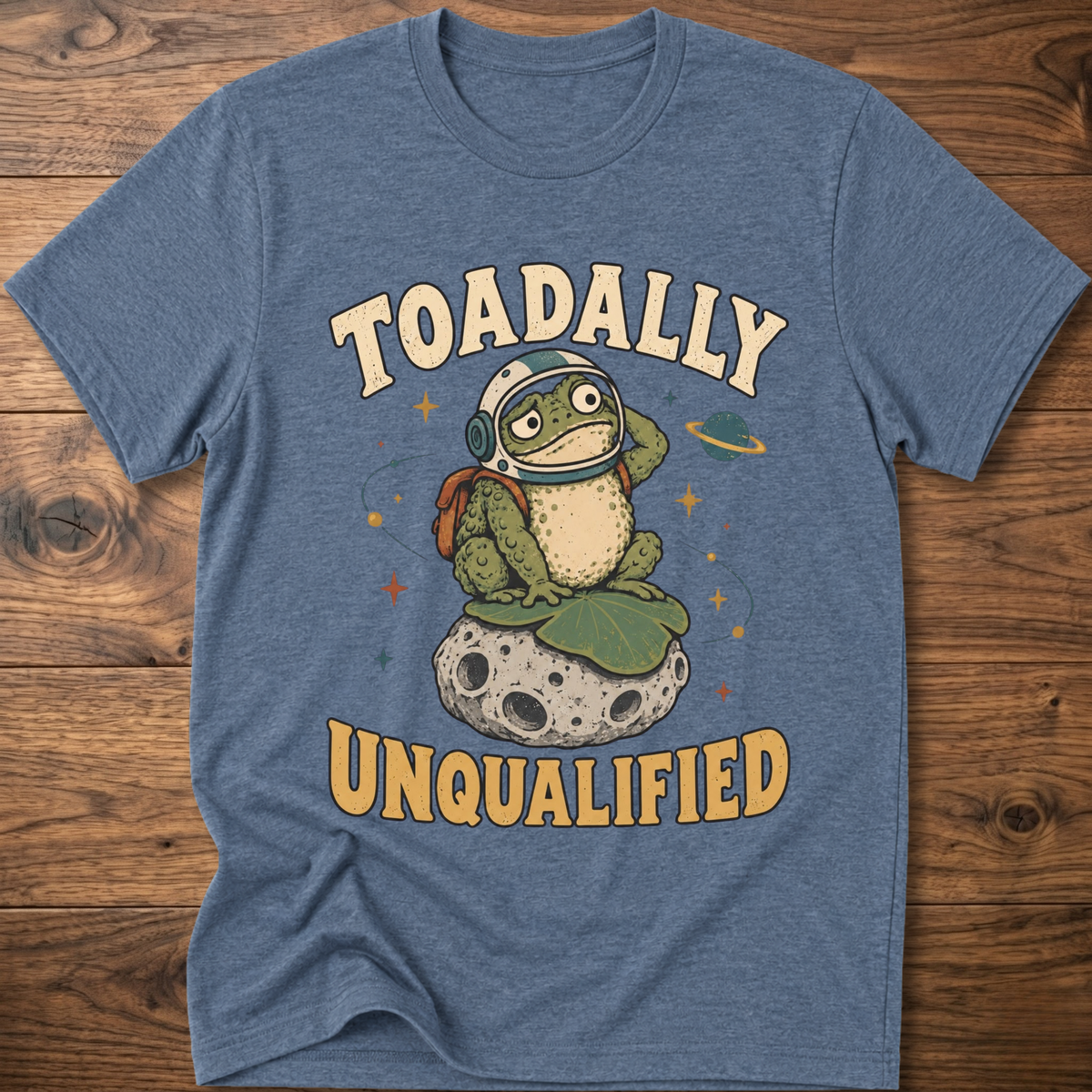 Heather blue crewneck t-shirt with frog graphic and “Unqualified” text