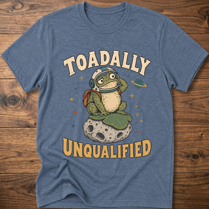 Heather blue crewneck t-shirt with frog graphic and “Unqualified” text