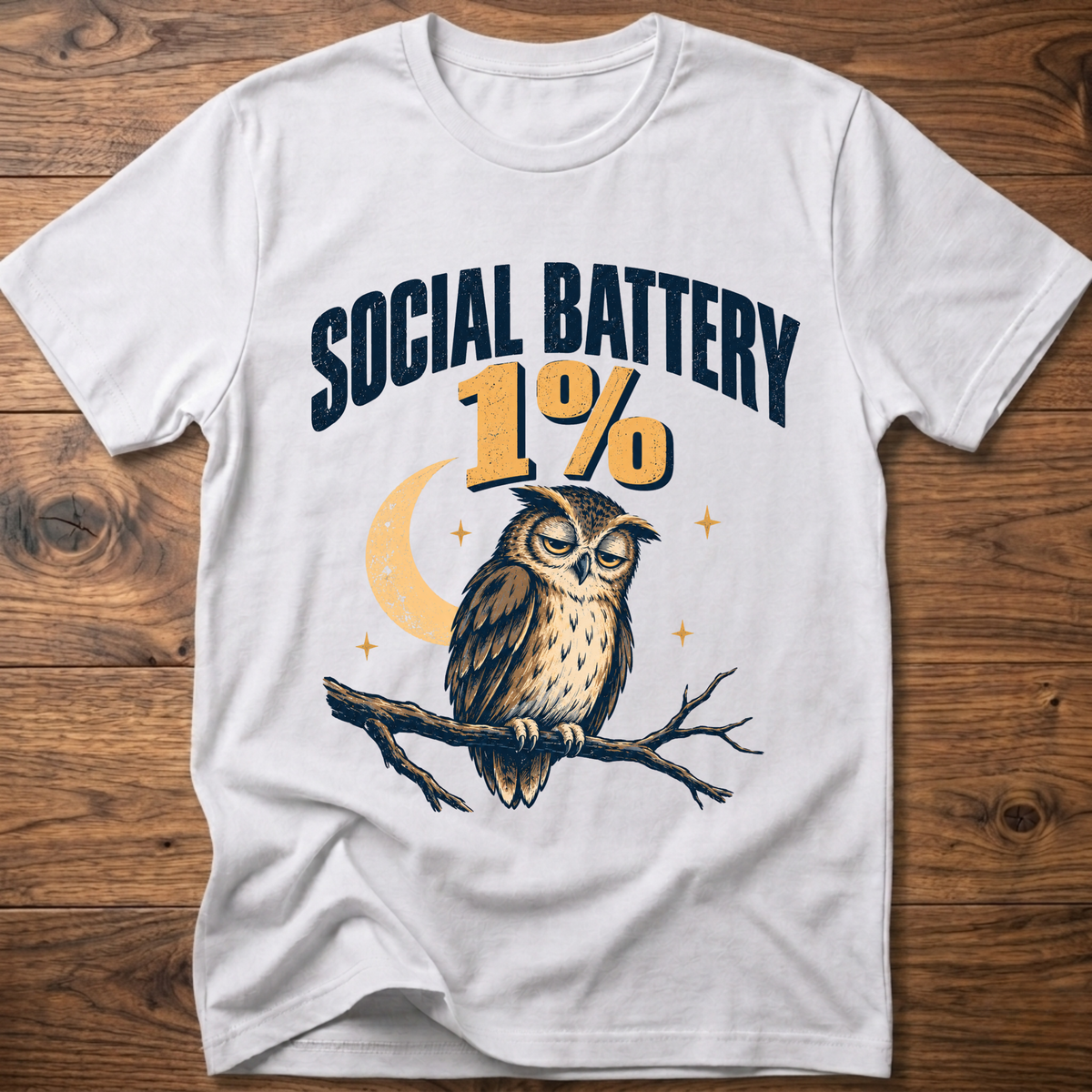 White graphic owl T-shirt with “19%” moon and branch design