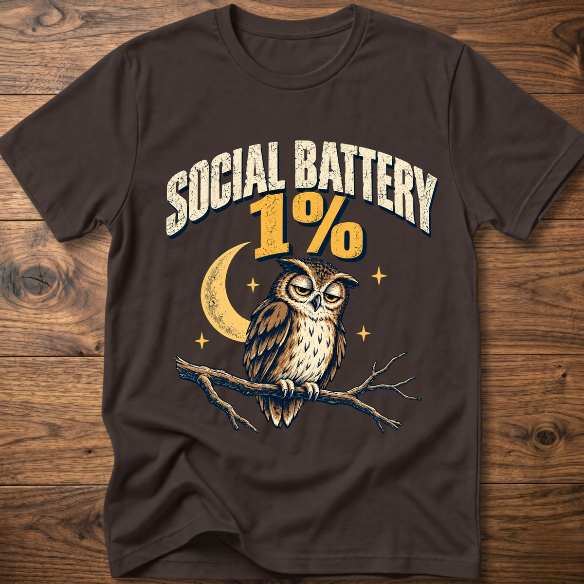 Dark brown graphic owl T-shirt with “19%” moon and branch design