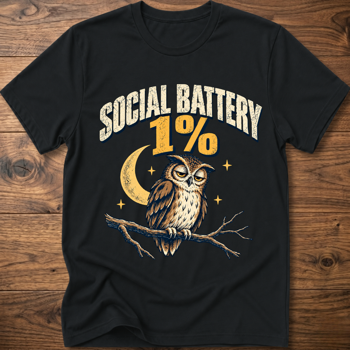 Black graphic owl T-shirt with “19%” moon and branch design