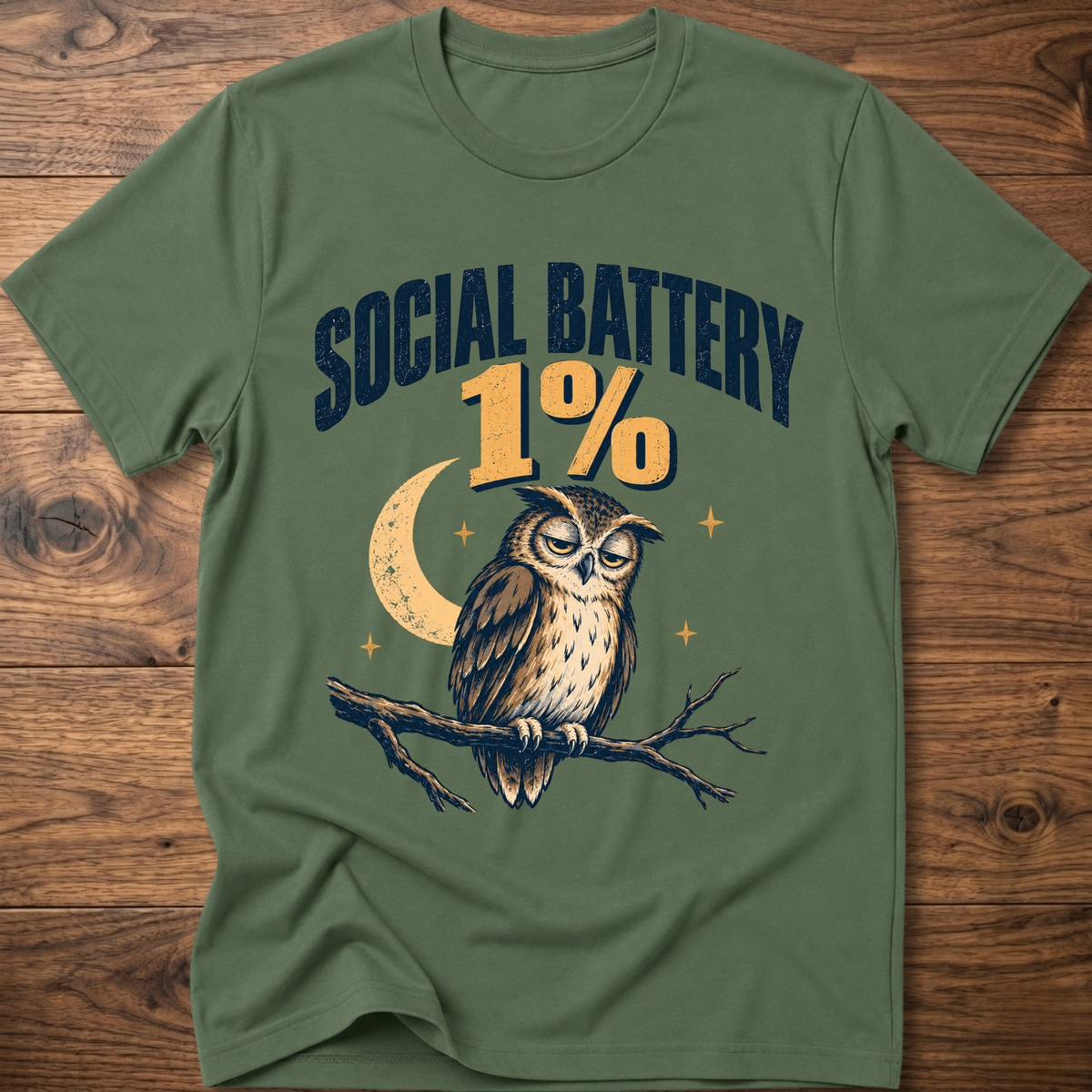 Military green graphic owl T-shirt with “19%” moon and branch design