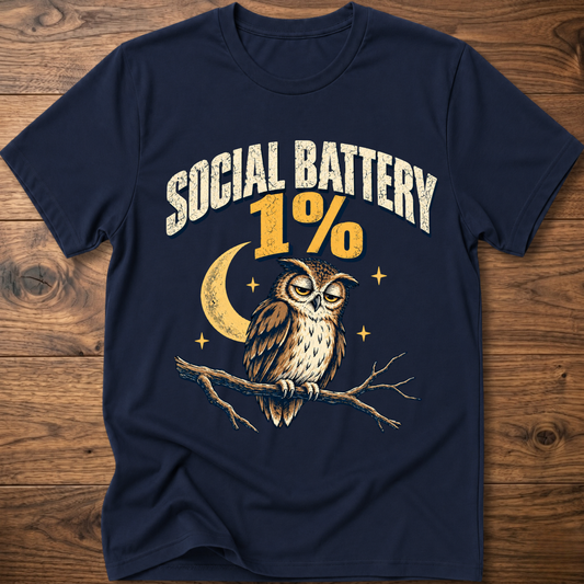 Navy graphic owl T-shirt with “19%” moon and branch design