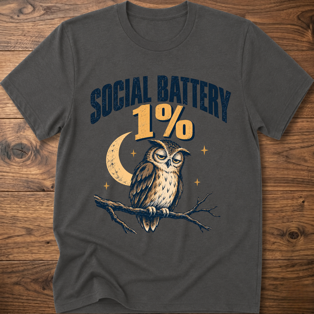 Charcoal heather graphic owl T-shirt with “19%” moon and branch design