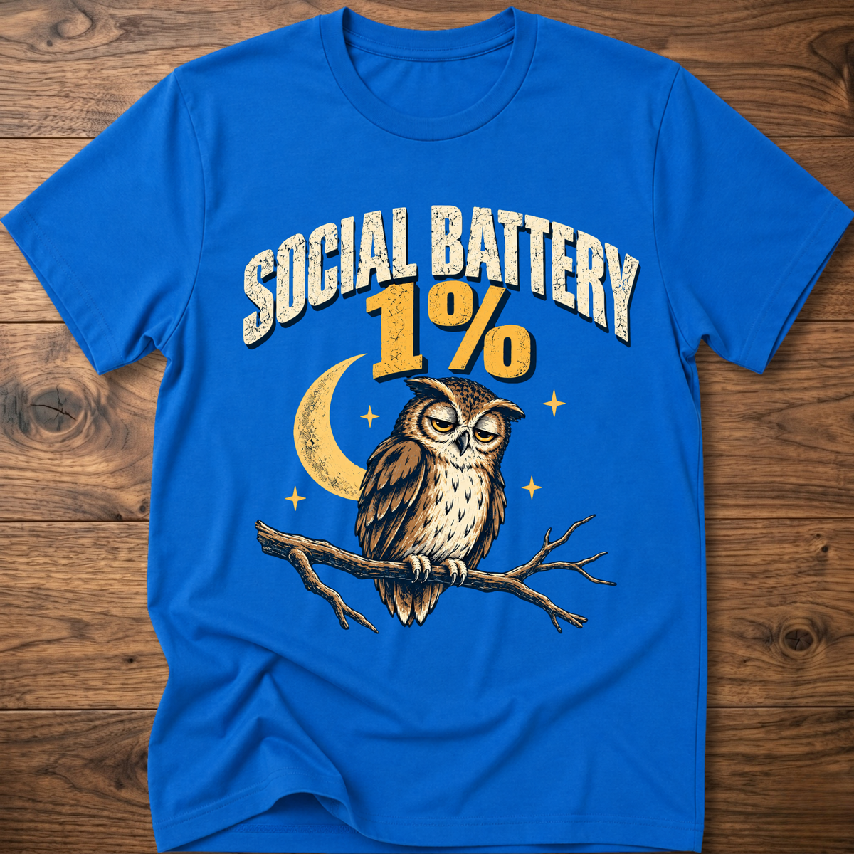 Royal blue graphic owl T-shirt with “19%” moon and branch design